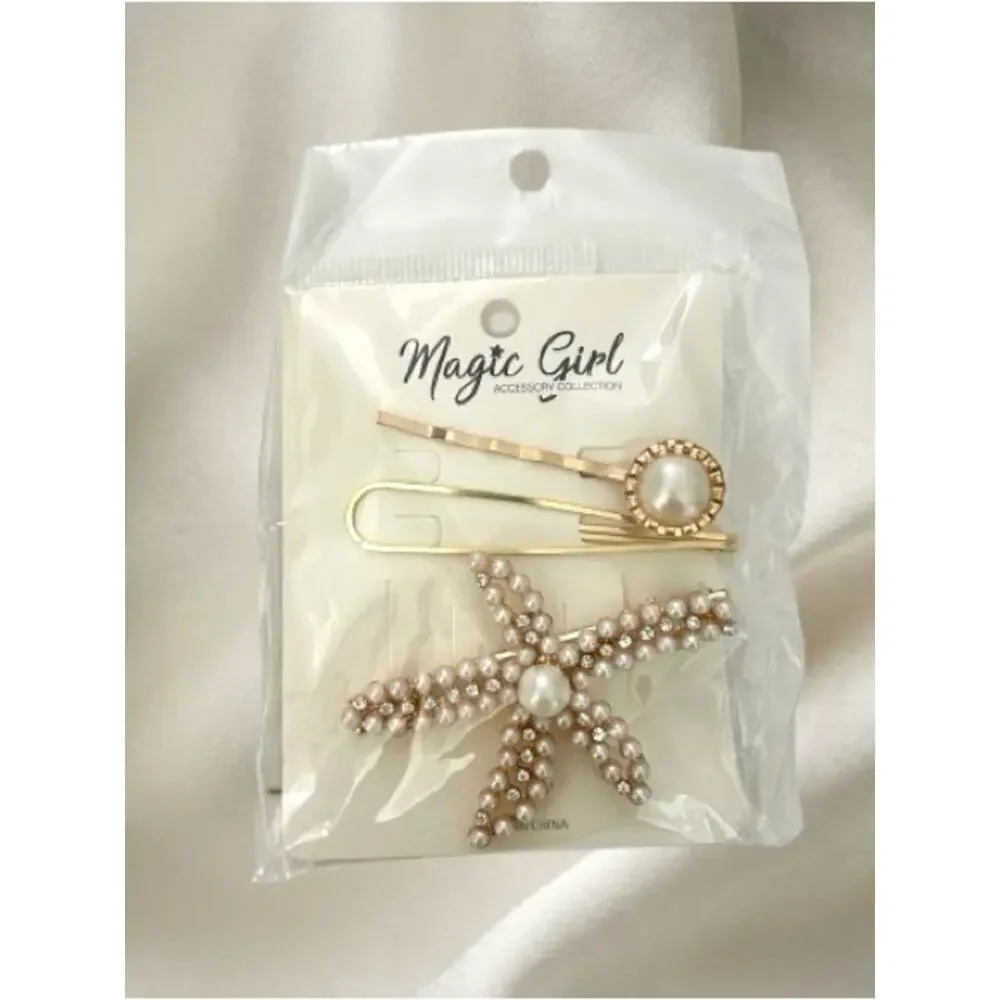 Women’s Rhinestone & Pearl Hair Clip Sets in Black, Gold, Pearl.
